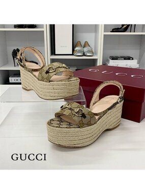 Gucci Canvas GG Logo Horsebit Platform Sandals